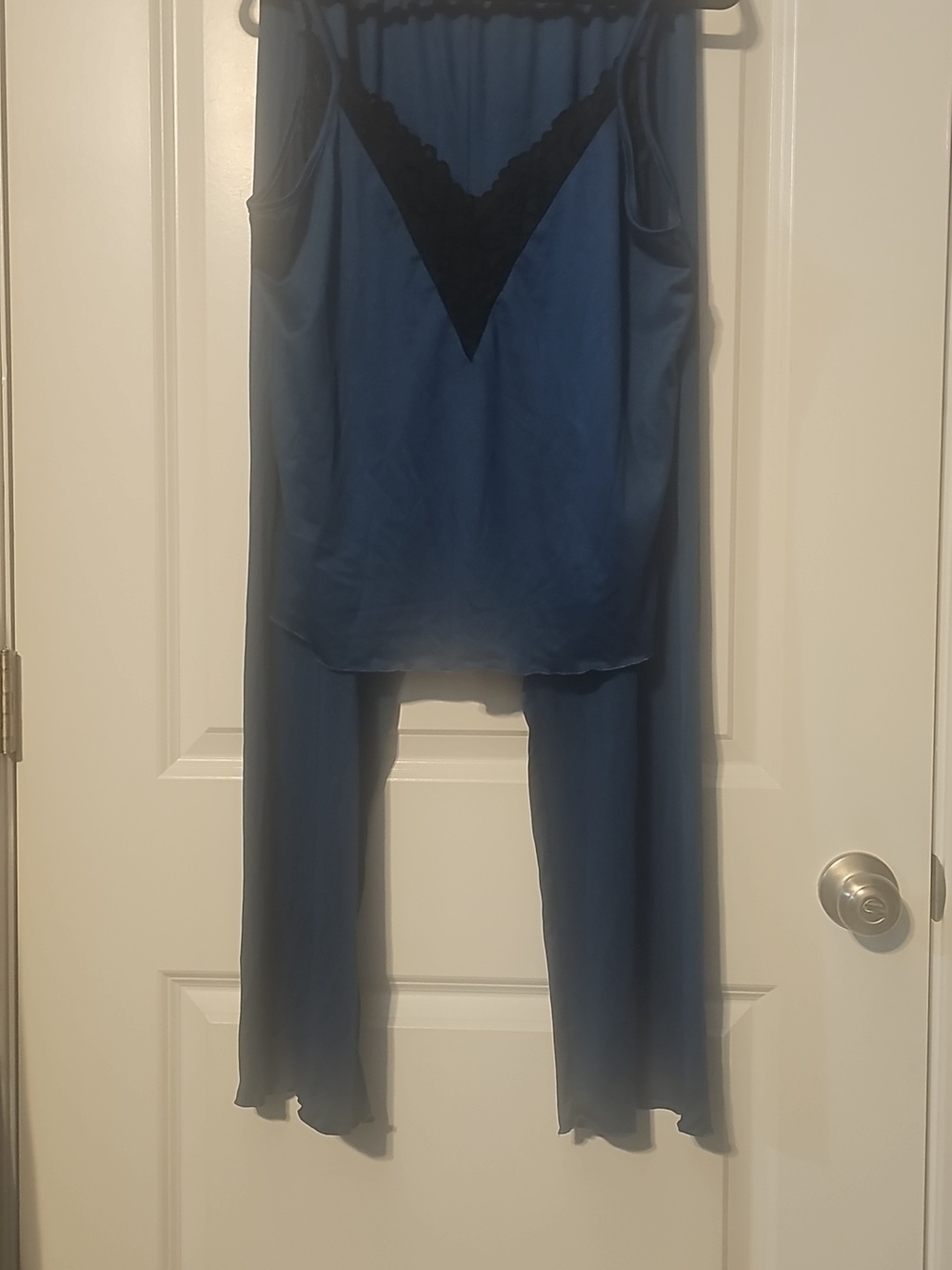 Navy Blue Sleeveless Top with Black Lace V Detail